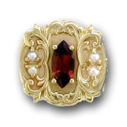 N636 14K MARQUISE GARNET & PEARL SLIDE WITH FLEUR DE LIS DESIGN 